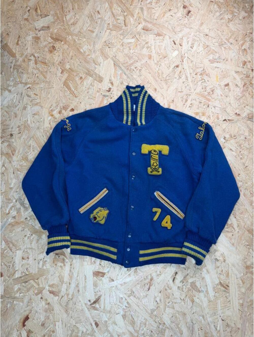 Vintage Lasley Knitting Co Letterman Jacket Mens 44 Blue Wool Varsity 1974